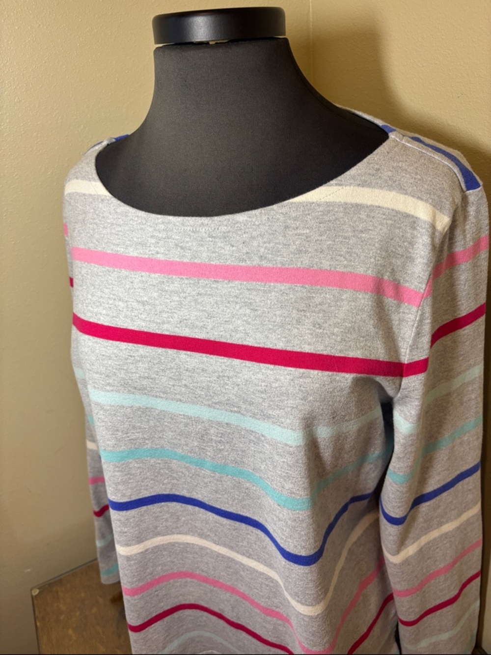Talbots Light Gray Striped Boatneck Long-Sleeve Top, XL, 100% cotton - Picture 2 of 8